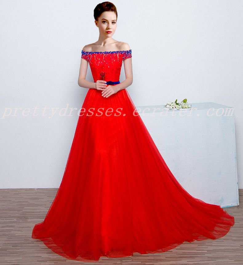 Attractive Off Shoulder Red Wedding Dress With Royal Blue Beads