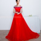 Attractive Off Shoulder Red Wedding Dress With Royal Blue Beads