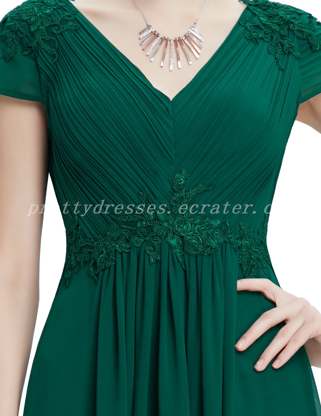 Short Sleeves V-Neckline Forest Green Chiffon Mother Of The Bride Dress