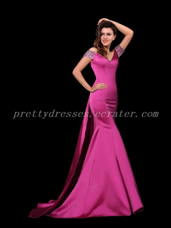 Sexy Open Back Off Shoulder Hot Pink Evening Dress