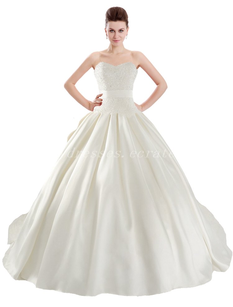 Pretty Ivory Satin Lace Wedding Gowns With Bow-knot