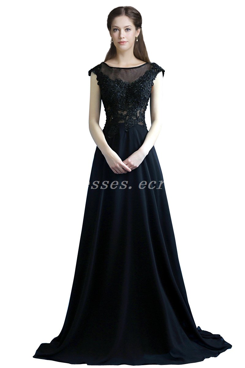 Illusion Neckline A-line Floor Length Dark Navy Engagement Evening Dress