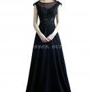 Illusion Neckline A-line Floor Length Dark Navy Engagement Evening Dress