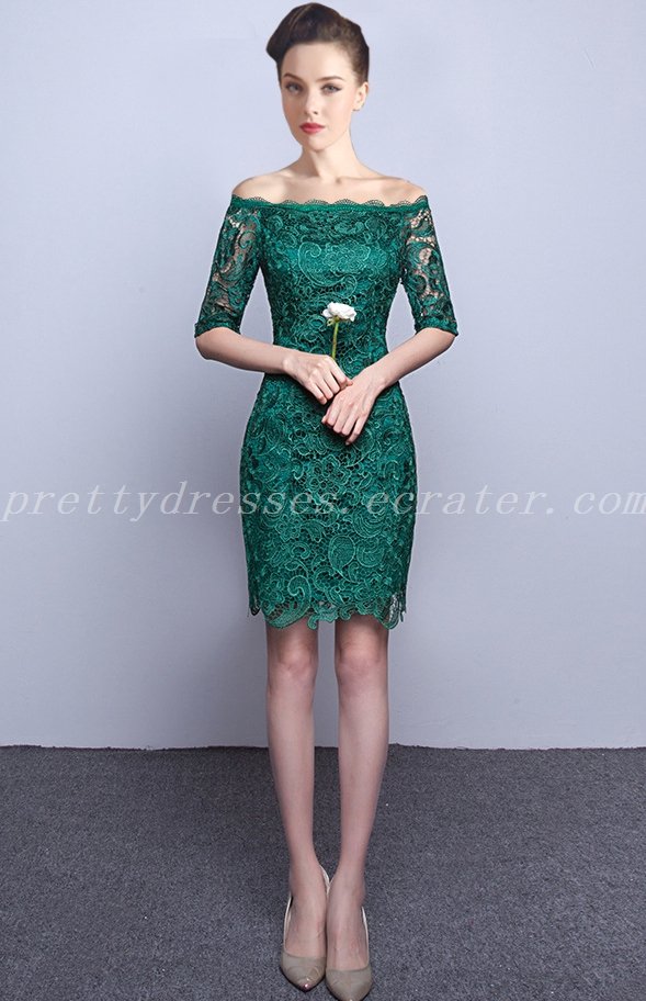 1/2 Sleeves Off Shoulder Hunter Green Lace Wedding Guest Dress