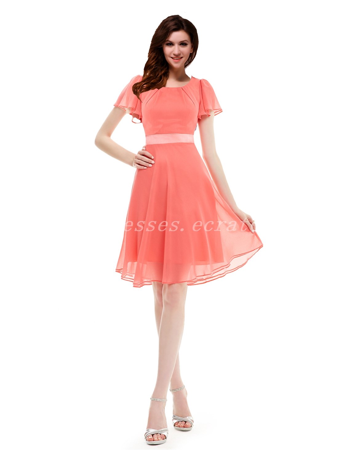 Short Sleeves Peach Colored Bridesmaid Dress For Summer Wedding