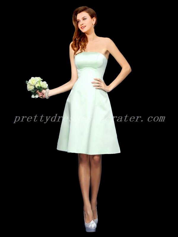 Simple Short Length Sage Colored Satin Bridesmaid Dress