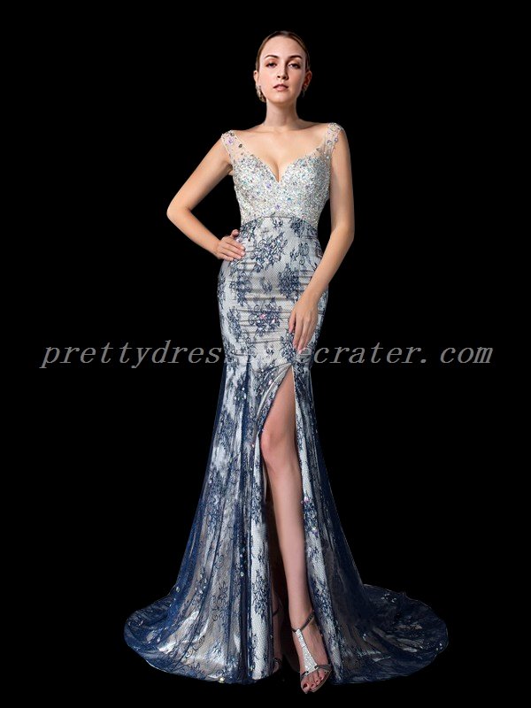 Sexy Deep V-Neckline Mermaid Navy Blue Lace Evening Dress