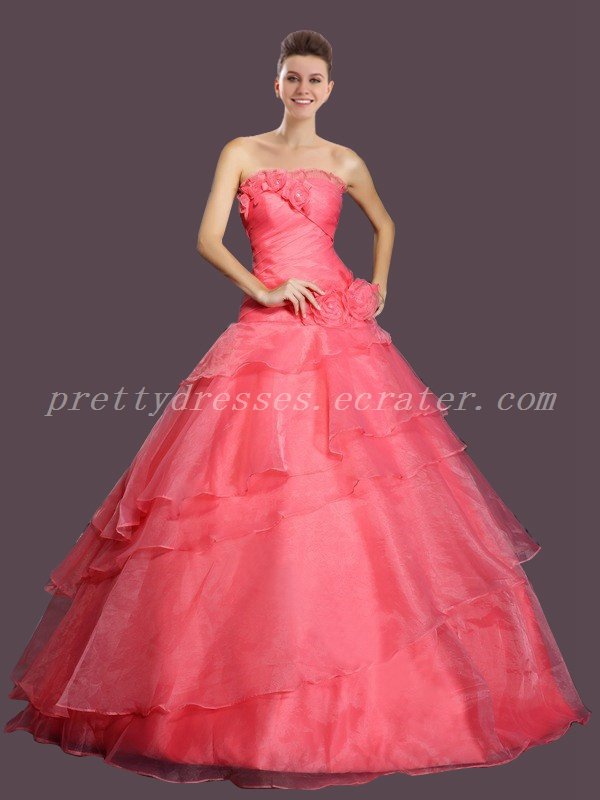 Strapless Ball Gown Full Length Watermelon Sweet 15 Dresses