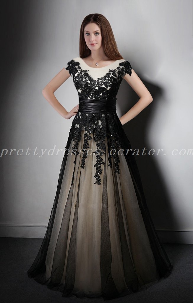 Scoop Neckline Short Sleeves Black Prom Dress With Lace