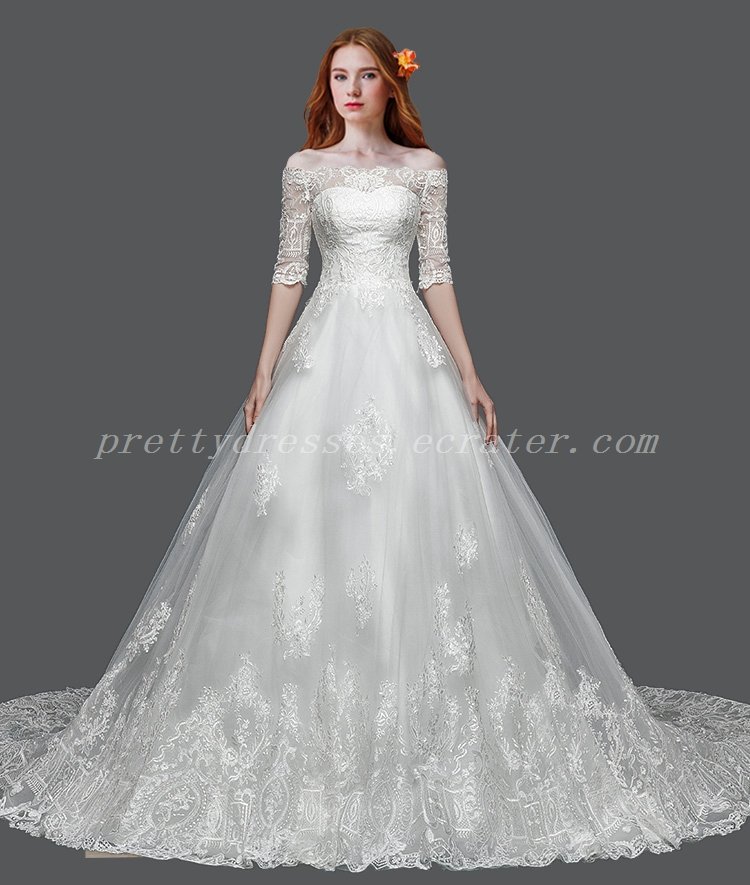 1/2 Sleeves Off Shoulder A-line Lace Wedding Dress Corset Back