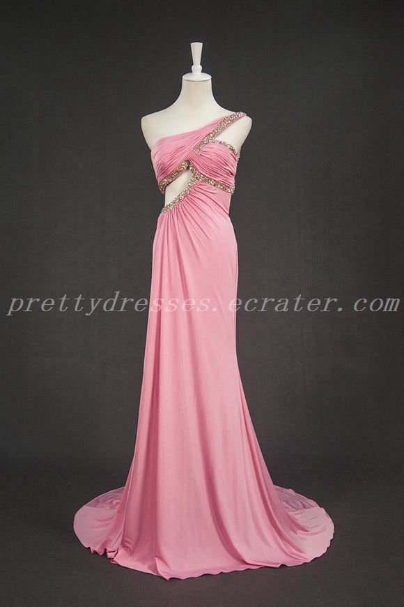 One Shoulder A-line Pink Evening Dress Hollowed-Out