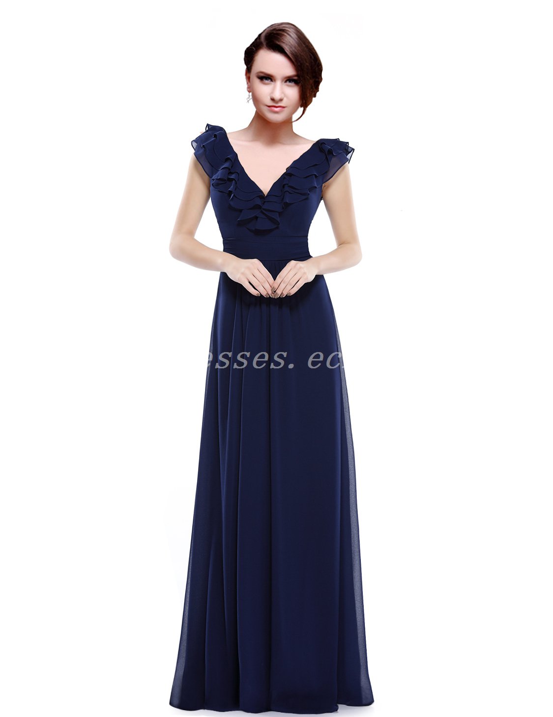 Decent V-Neckline Column Dark Navy Bridesmaid Dress With Frills