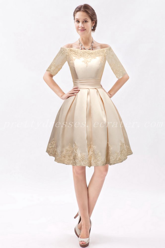 Half Sleeves Bateau Neckline Knee Length  Champagne Wedding Guest Dress