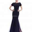 Short Sleeves Mermaid Navy Prom Dress With Bowknot Belt