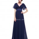 V-Neckline Short Sleeves Navy Blue Formal Evening Dress With Satin Sash
