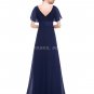 V-Neckline Short Sleeves Navy Blue Formal Evening Dress With Satin Sash