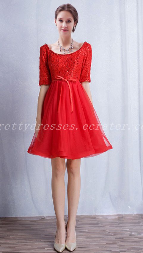 Half Sleeves Scoop Neckline Knee Length Red Homecoming Dress With Sash
