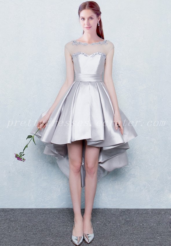 Charming High Low Silver Satin High Low Homecoming Dresses