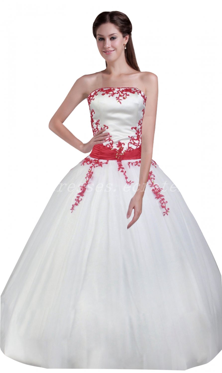 Strapless White And Red Ball Gown Sweet 15 Dresses With Lace Appliques