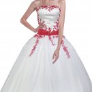 Strapless White And Red Ball Gown Sweet 15 Dresses With Lace Appliques