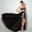 Champagne And Black High Low Prom Dress With Lace