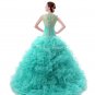 Dropped Waist Straps Organza Blue Quinceanera Dresses With Lace
