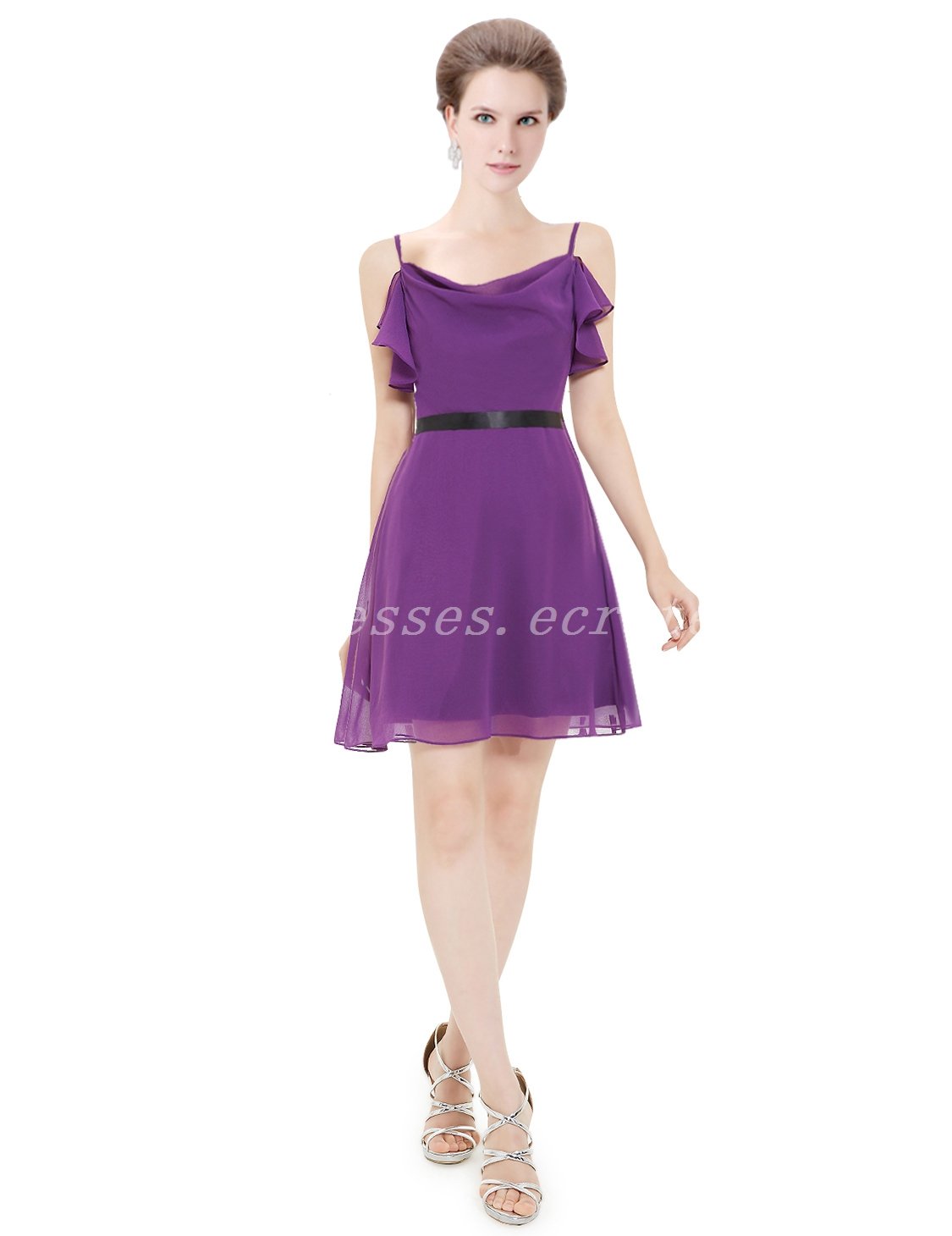 Chic Spaghetti Straps Purple Bridesmaid Dress With Black Belt