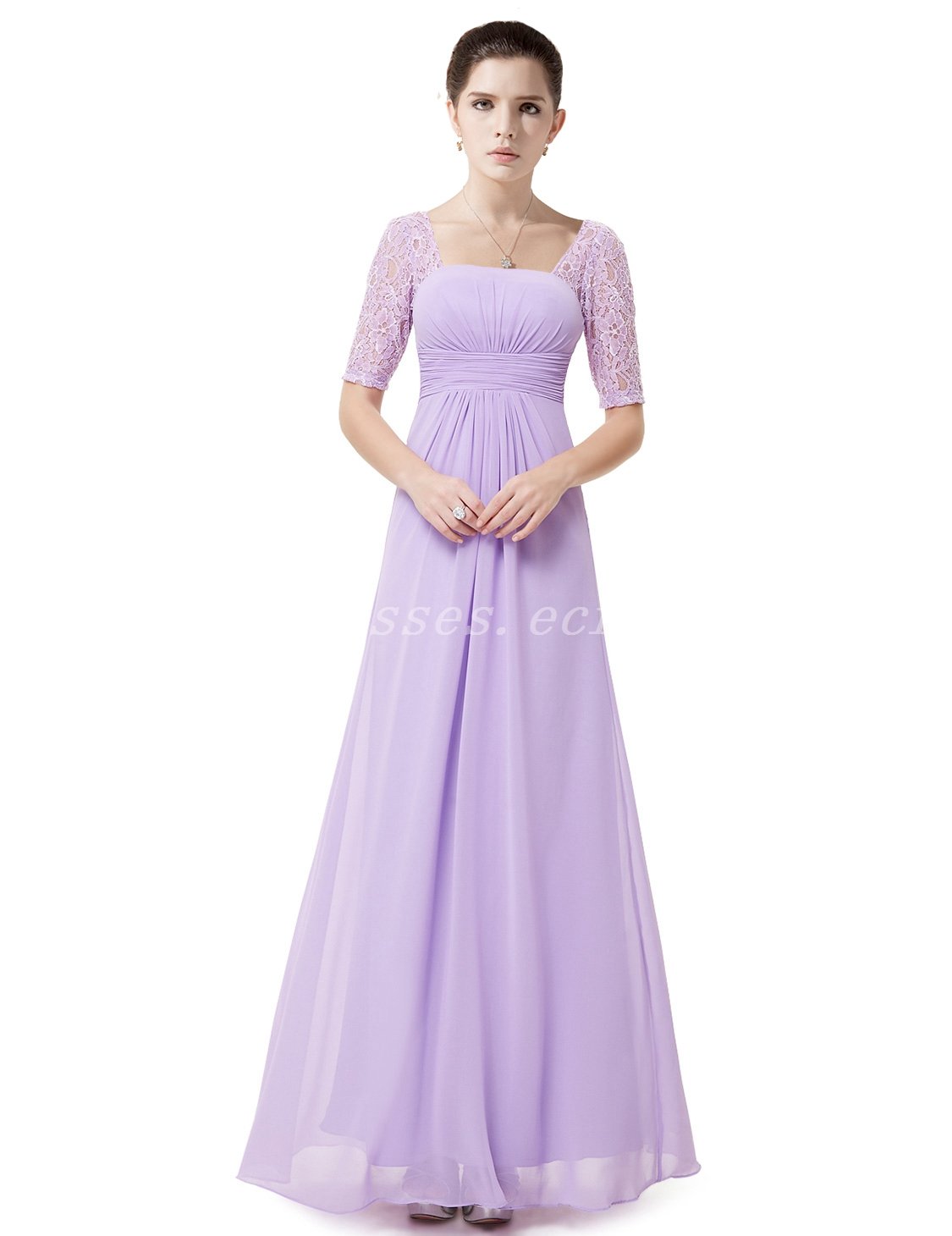 Half Sleeves Square Neckline Lilac Bridesmaid Dresses With Lace