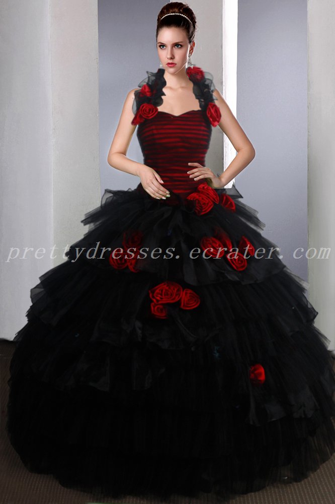 Gothic Top Halter Black And Red Quinceanera Dresses With Handmade Flowers