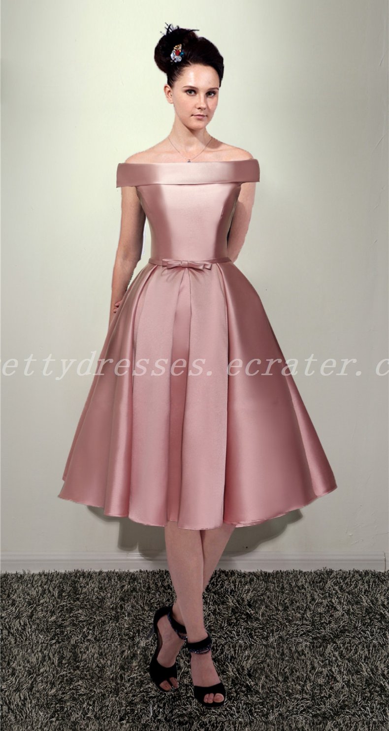 Vintage Off Shoulder Knee Length Dusty Rose Prom Party Dresses