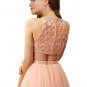 Two Pieces Tulle Pink Prom Dresses With Beaded Bodice