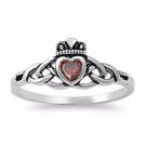 .925 Sterling Silver Ring CZ Size 4 Heart Claddagh Garnet Ladies Midi New r83