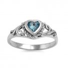 .925 Sterling Silver Ring size 3 CZ Heart Baby Kids Aquamarine Midi Ladies New