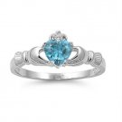 .925 Sterling Silver Claddagh Ring CZ Heart Crown Blue Topaz Size 4 Midi New v59