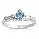 Sterling Silver Claddagh Ring size 3 CZ Kids Heart Baby Aquamarine Midi New b42