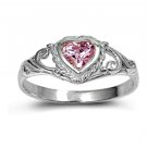 .925 Sterling Silver Ring size 3 CZ Heart Pink Baby Kids Midi Ladies New pb59