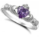 .925 Sterling Silver Ring size 9 CZ Claddagh Heart Amethyst Midi Ladies New