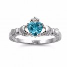 .925 Sterling Silver Claddagh Ring Size 12 CZ Heart Crown Blue Topaz New v59