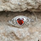 .925 Sterling Silver Ring size 4 Heart Kids Red Ruby Garnet Midi Ladies New