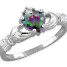 .925 Sterling Silver Ring size 3 CZ Claddagh Heart Rainbow Topaz Midi Ladies New