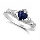.925 Sterling Silver Ring size 9 CZ Claddagh Heart Blue Sapphire Midi Ladies New