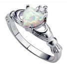 .925 Sterling Silver Claddagh ring CZ Opal Heart size 3-13 Midi White Ladies New
