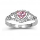 .925 Sterling Silver Ring size 2 CZ Kids Heart Baby Pink Ladies Midi New b59