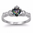 .925 Sterling Silver Claddagh Ring Size 4 CZ Rainbow Mystic Topaz Irish Love m02