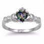 .925 Sterling Silver Claddagh Ring Size 4 CZ Rainbow Mystic Topaz Irish Love m02
