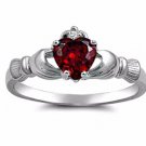 .925 Sterling Silver Ring CZ Heart Claddagh Garnet Red Irish Ladies Size 12 New