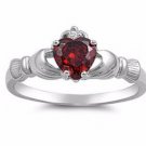 .924 Sterling Silver Claddagh ring size 7 CZ Heart Crown Garnet Red New r06