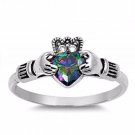 .925 Sterling Silver Claddagh ring size 8 CZ Heart Crown Mystic Topaz New v27