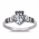 .925 Sterling Silver Claddagh Ring Size 6 CZ Heart Cut Crown Clear Irish New v34
