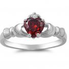 925 Sterling Silver Claddagh Ring CZ Heart Garnet Red Irish Size 12 New r06